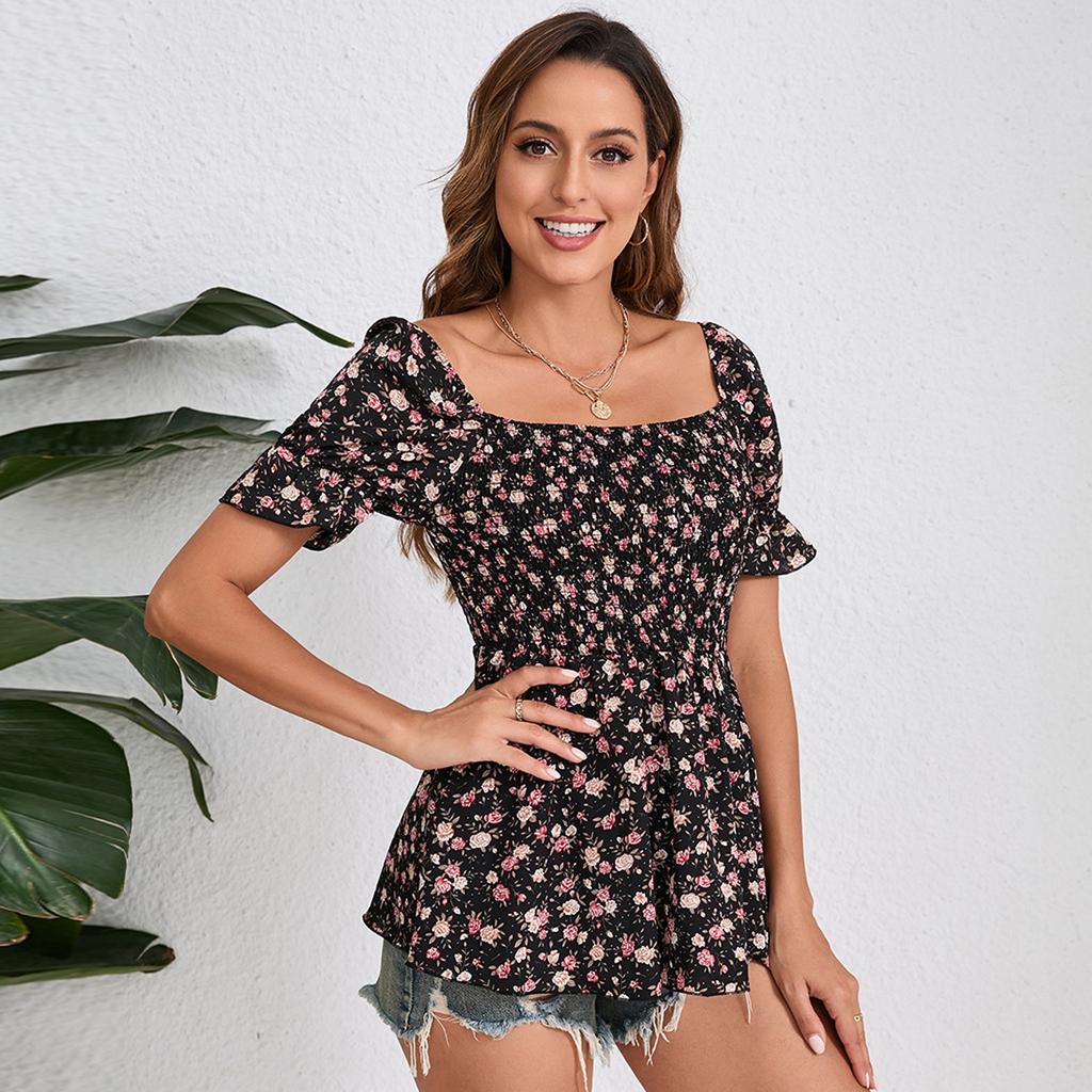 T Shirts For Women Pleated R-Neck Dressy Casual Blouses Printing Short Sleeve Summer Tops Loose Fit