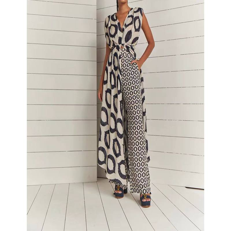 Elegant Printed Sleeveless Lace Up Tops+Slim Pants Suit Chic Double V Hollow Out 2 Piece Sets Summer New Casual Vacation Outfits