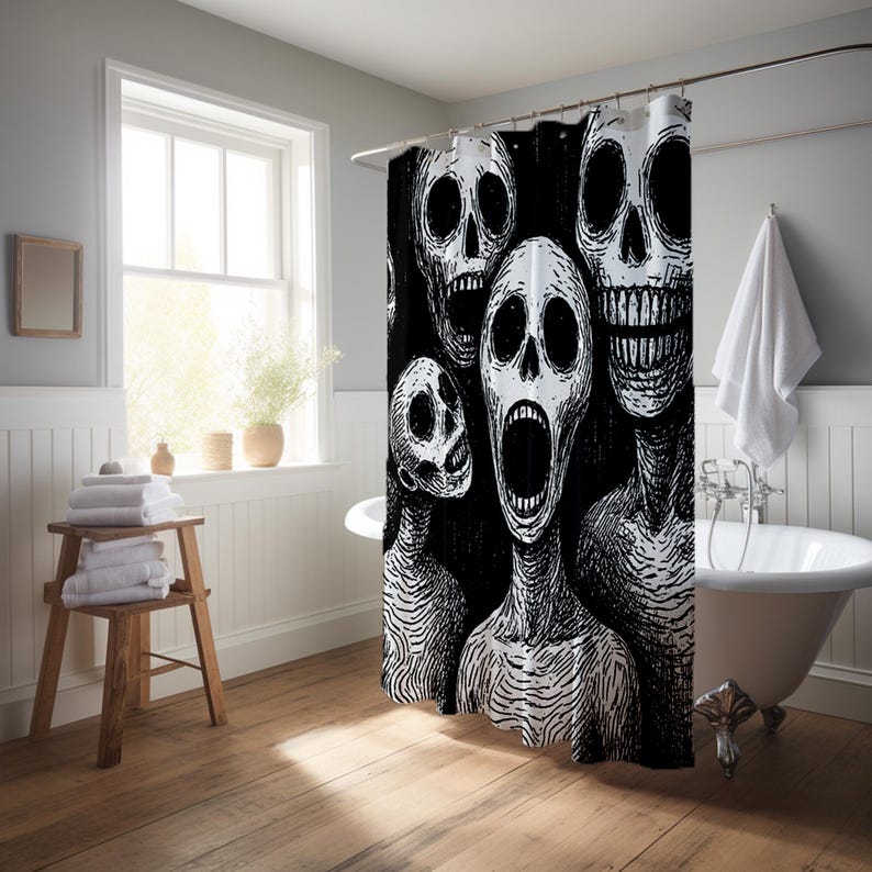 Black White Screaming Skulls Shower Curtain with Gothic Pattern, Spooky Halloween Bathroom Decor for Creepy Gift Idea