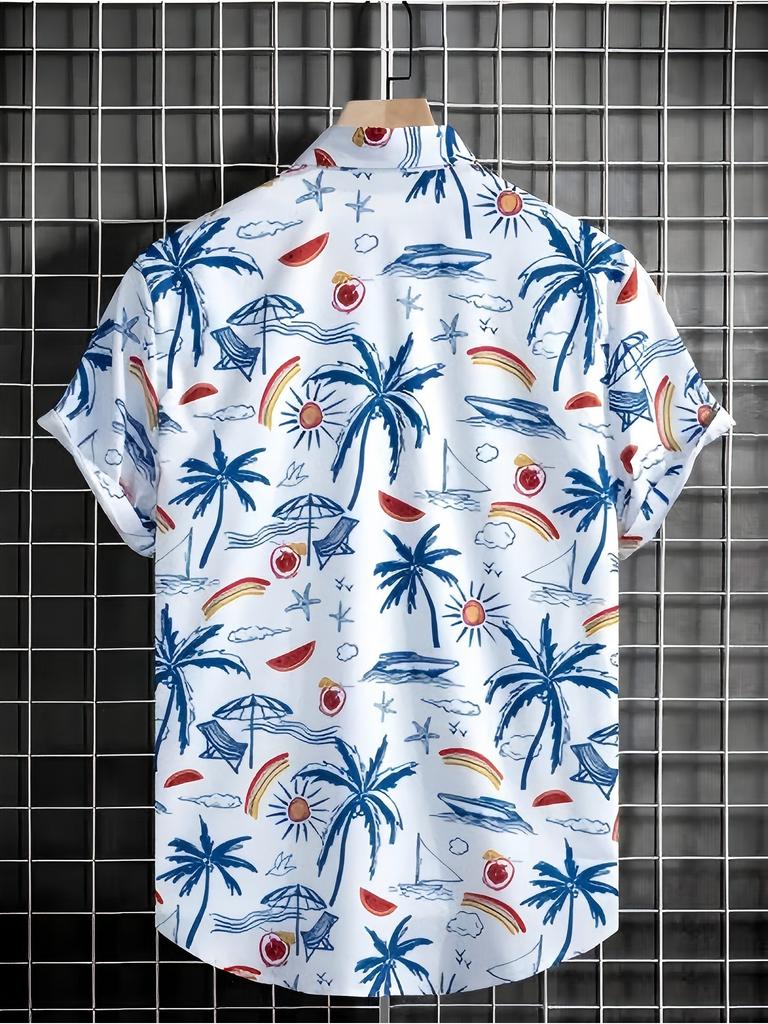 [Printed Design - Not Textured] Men's Summer Short-Sleeve Shirt with Rainbow Sun and Coconut Tree All-Over Print, Lapel Collar, Casual and Cool Outfit