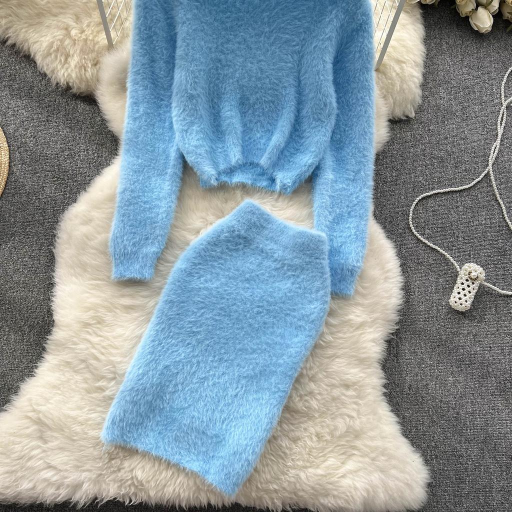 Autumn And Winter Plush Waist Short Section Knitted Sweater Plus High-Waisted Half-Body Skirt Temperament Two-Piece Suit Woman
