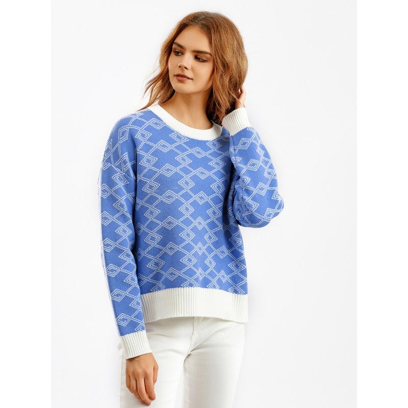 Suéter feminino de manga comprida jacquard para outono e inverno, gola redonda solta e versátil
