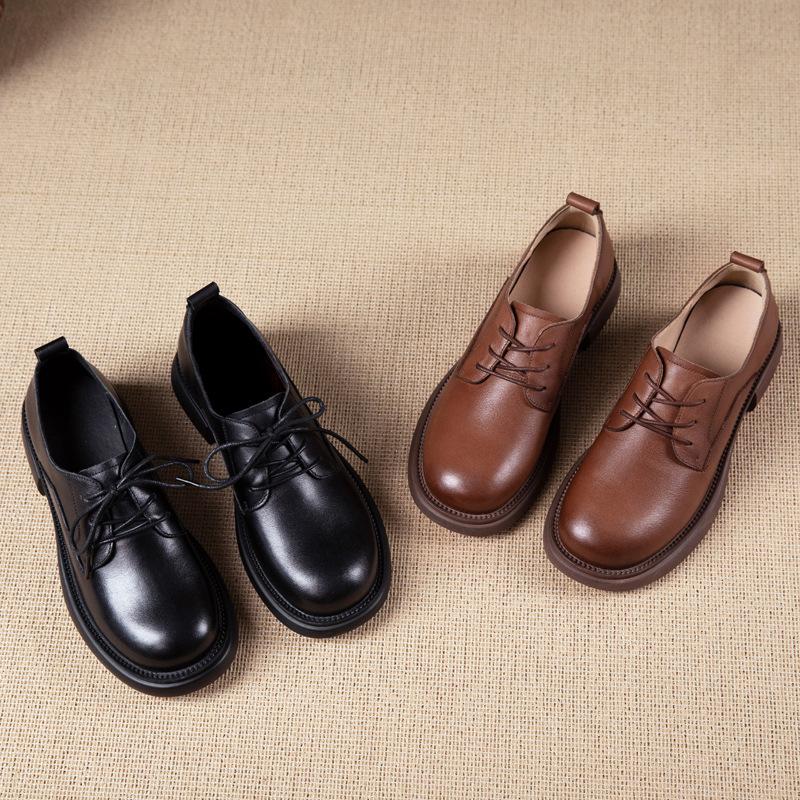 First layer cowhide loafers women's spring and autumn new casual retro lace-up British style work small leather shoes women's single shoes