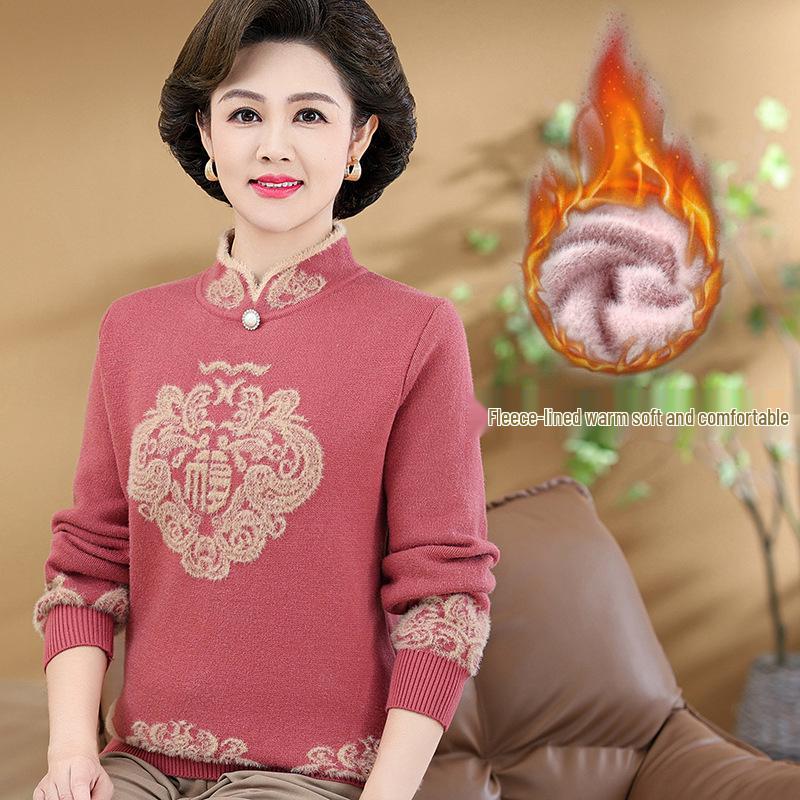 New Autumn/Winter Jacquard Knitwear: Thickened Fleece Sweater for Middle-Aged & Elderly Women, Plus Velvet, Perfect as Base Layer or Mom's Wear.