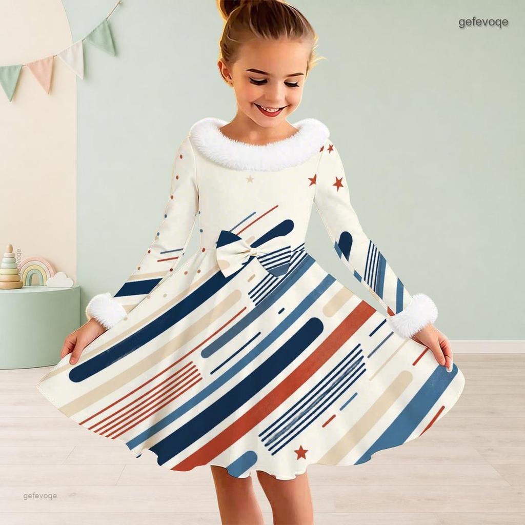 Girls White High Neck Long Sleeve Printed A Line Flared Dress With Bow Fur Trim