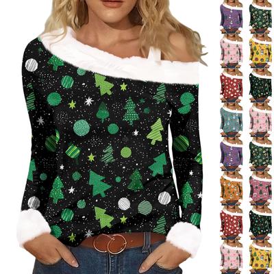 Women's Casual Fashion Sexy Off-Shoulder Collar Christmas Pattern Long Sleeve Crewneck T-Shirt Top
