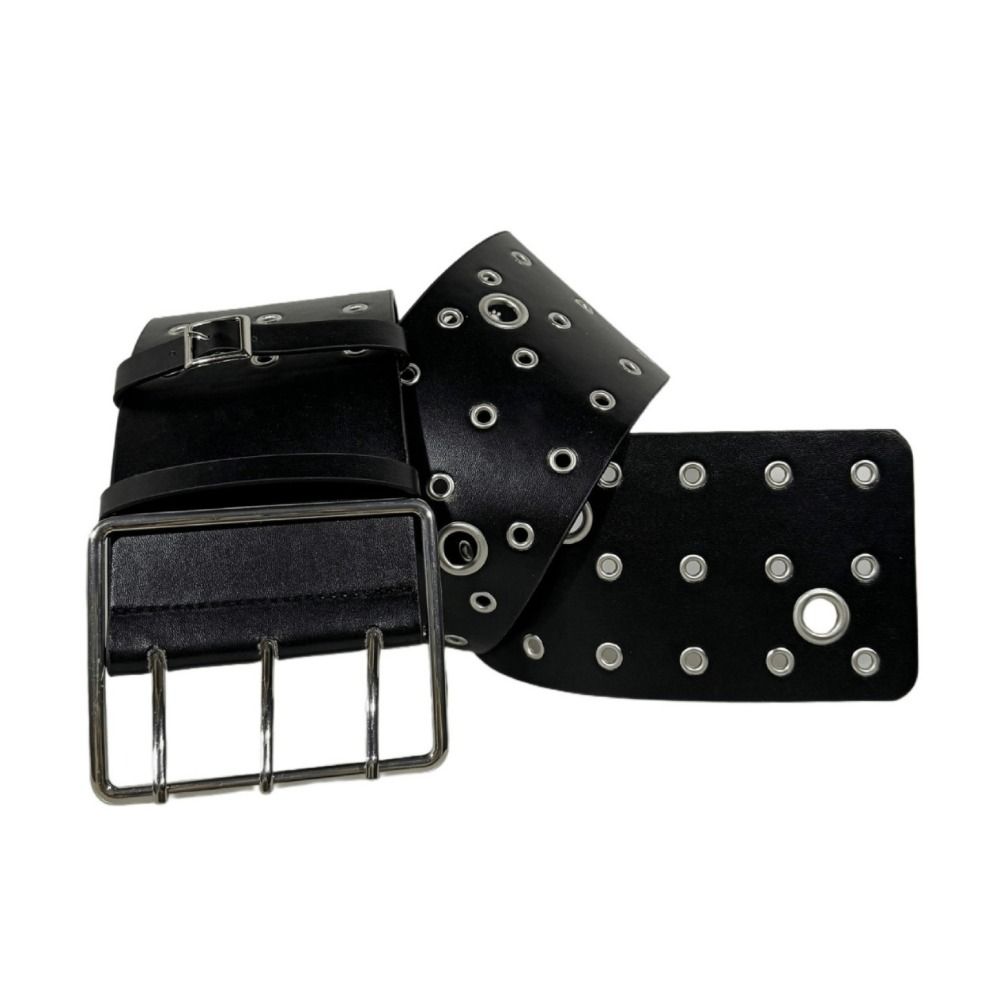 Adjustable Hollow Rivet Wide Belt Three Row Needle Buckle Punk Style Y2K Cool Girls Belt Vintage Personalized Design
