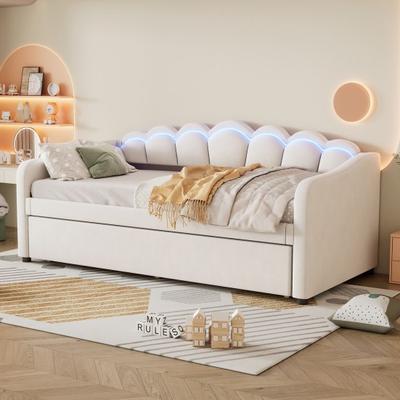 90x200cm Day Bed with Extendable Bed, Sofa Bed, Single Bed (without Mattress), Velvet, Color-Changing Ambient Light, Remote Control, Minimalist