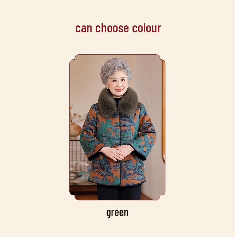 Chinese National Style Fur-Collared Winter Jacket for Middle-Aged and Elderly Women