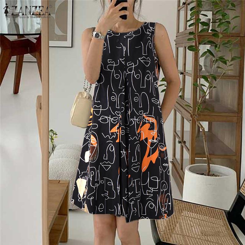 ZANZEA Women Casual Round Neck Summer Sleeveless Print Dress