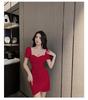 Sexy Mini Bust Cabaret Short Beautiful Bodycon Dress Wine [SDSXZWG] Dress, Body-Shaping, Tight, Sleeves, Neckline, (S, Red)
