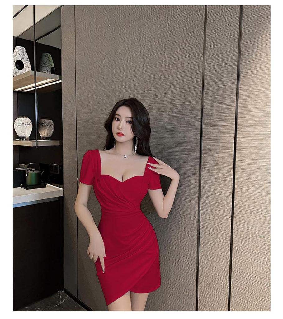 Sexy Mini Bust Cabaret Short Beautiful Bodycon Dress Wine [SDSXZWG] Dress, Body-Shaping, Tight, Sleeves, Neckline, (S, Red)