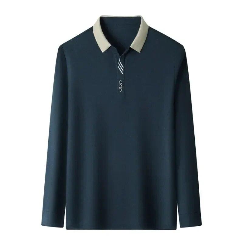 Polo da uomo a maniche lunghe con colletto rovesciato e motivo a nido d'ape, casual da lavoro, con linee a contrasto