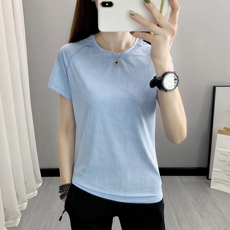 Women's Quick-Dry Mesh Printed Sports T-Shirt - Summer Round Neck, Short Sleeve, Sweat-Wicking, Ice Silk Fabric for Running & Fitness