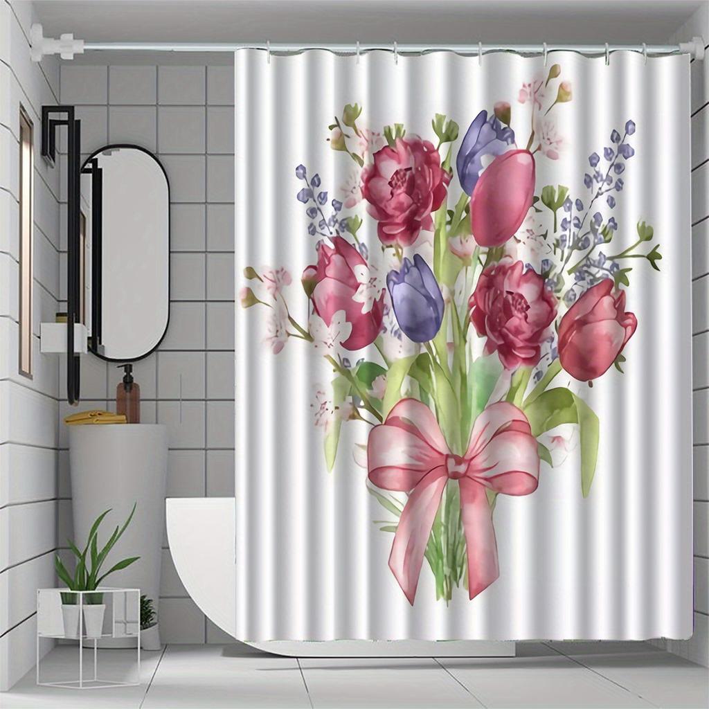 1pc Mother's Day Floral Pattern Shower Curtain with Hook, Bathroom Partition, Bathroom Accessories, Home Decoration