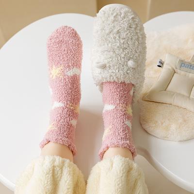 Cute Coral Fleece Socks Female Stars Cartoon Half Fleece Thickened Warm Home Floor Socks Medium Tube Confinement Women'S Socks