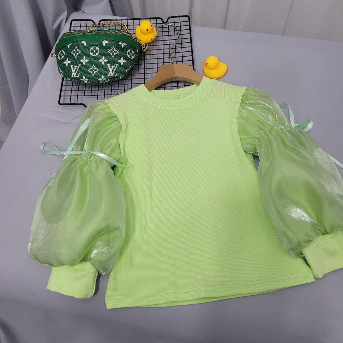 

Футболки для девочек с длинными рукавами-фонариками и принтом принцессы из газовой ткани на осень и зиму 110 cm светло-зеленый