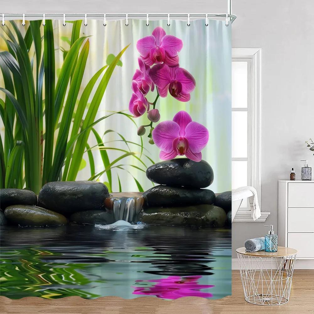 Zen Shower Curtains Black Stone Green Bamboo Lotus Spa Candle Purple Orchid Natural Leaf Bathroom Curtain Meditation Bath Decor