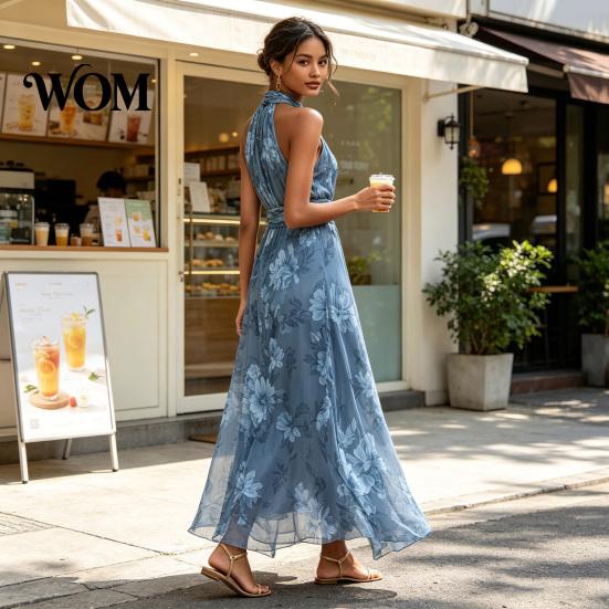 Light Fabric Dress Floral Chiffon for Women, Halter Sleeveless Ruched Maxi Casual Loose Fit Dress, Turtle Neck Wedding Guest Cocktail Evening