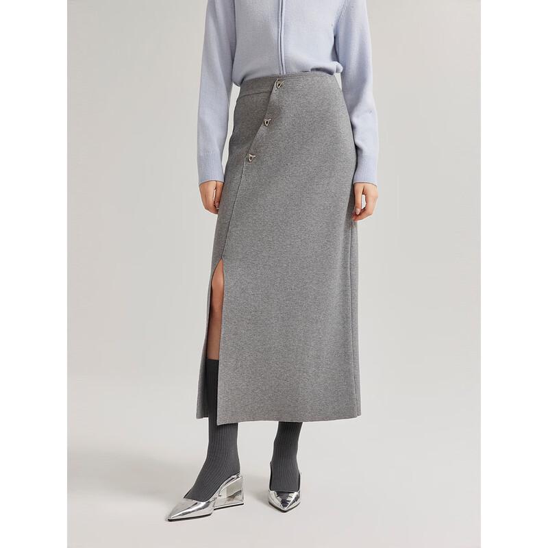 ELLE Gray High-Waist Slit Midi Skirt L