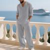 Conjunto de Linho Masculino: Conjunto Esportivo Casual para Praia, Gola V, Corte Amplo, Manga Longa