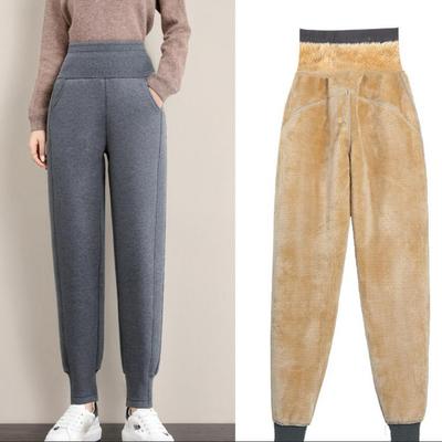 Damenhose, warm, für den Winter, dicke Lammfell-Kaschmirhose, hohe Taille, schwarze Haremshose, lange Wolle, kältebeständige Hose