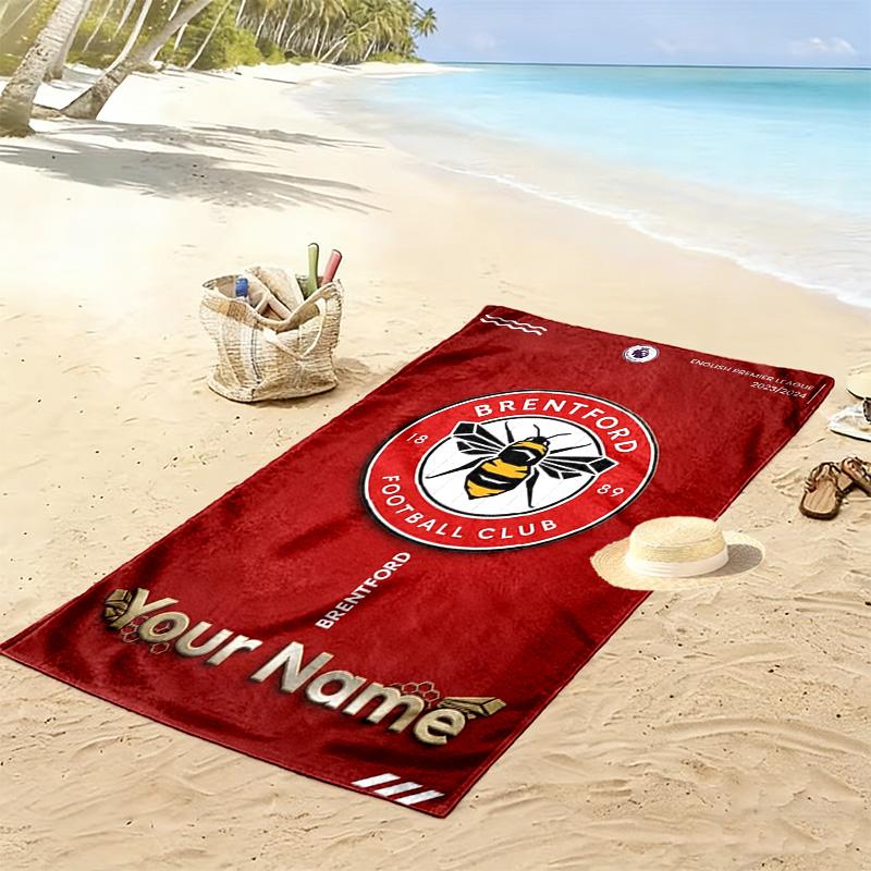 Name Custom Brentford FC Print Beach Towel, Large Soft Quick Dry Towel for Beach Camping Swimming