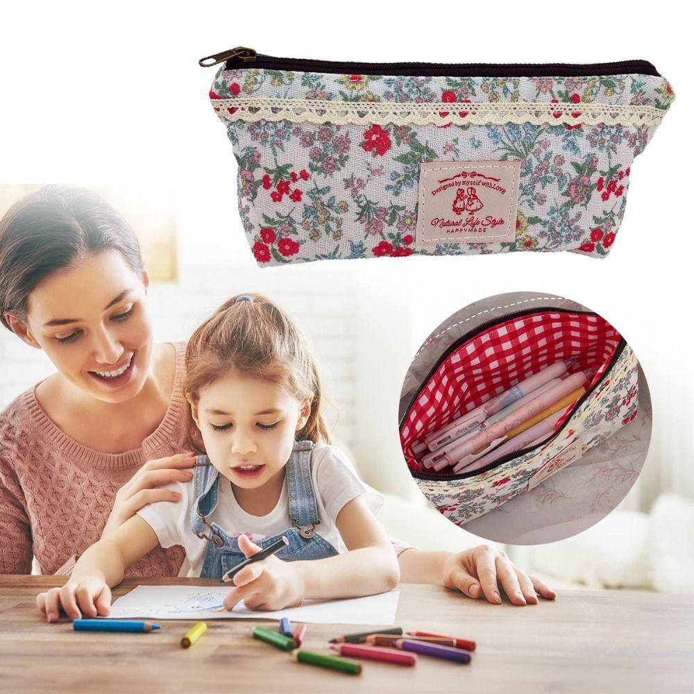 High Quality Lace Floral Design Pen Bag Large Capacity Multifunctional Stationery Bag Stationery Organizer Students