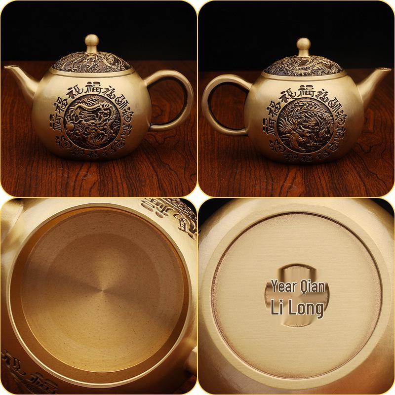 Brass Kung Fu Tea Set with Dragon, Phoenix, and Fu Character Design - Pure Copper Teapot and Ornaments.