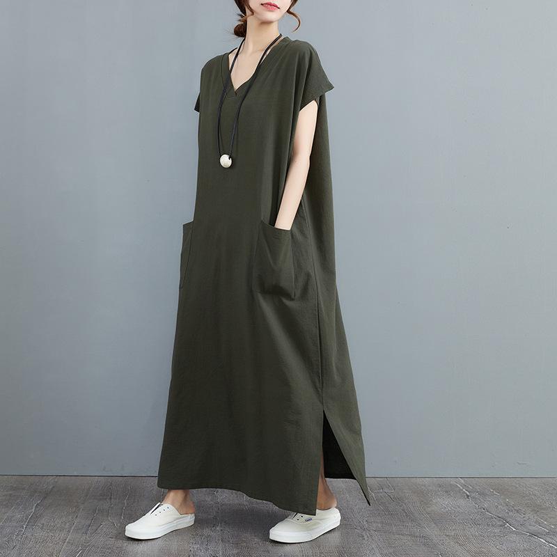 

Летнее винтажное хлопково-льняное свободное платье с коротким рукавом One size зелёный