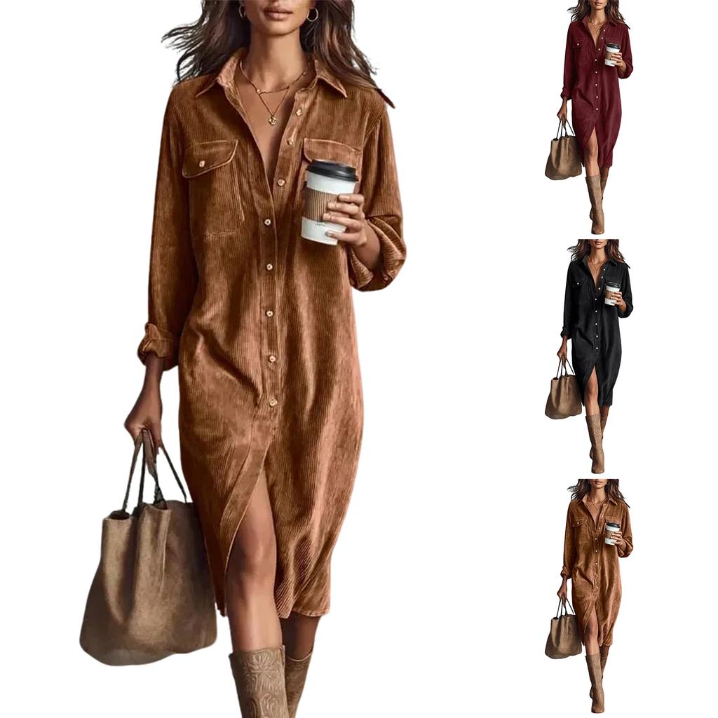 Women's Fashion Casual Solid Color Corduroy Long-sleeved Dress With Lapel Shirt , Loose Long Skirt