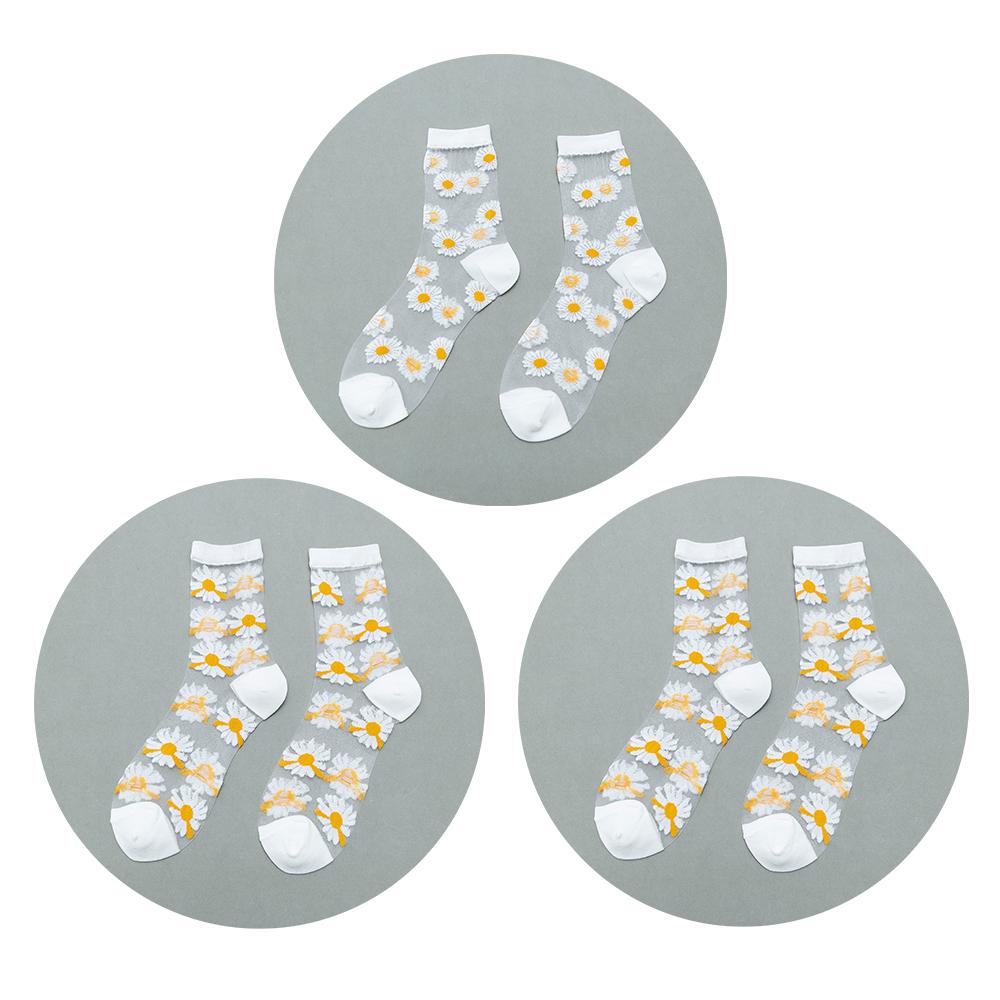 3 Pairs Of Women's Flower Socks Summer Crystal Glass Stockings Medium Short Tube Thin Transparent Daisy  Jacquard Elastic  Socks