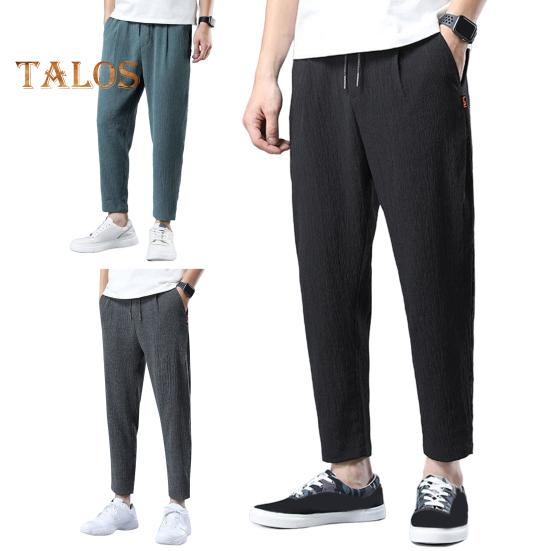 Men Ninth Pants Drawstring Elastic Waist Straight Leg Loose Solid Color Pockets Plus Size Daily Wear Casual Sport Trousers Long Sweatpants