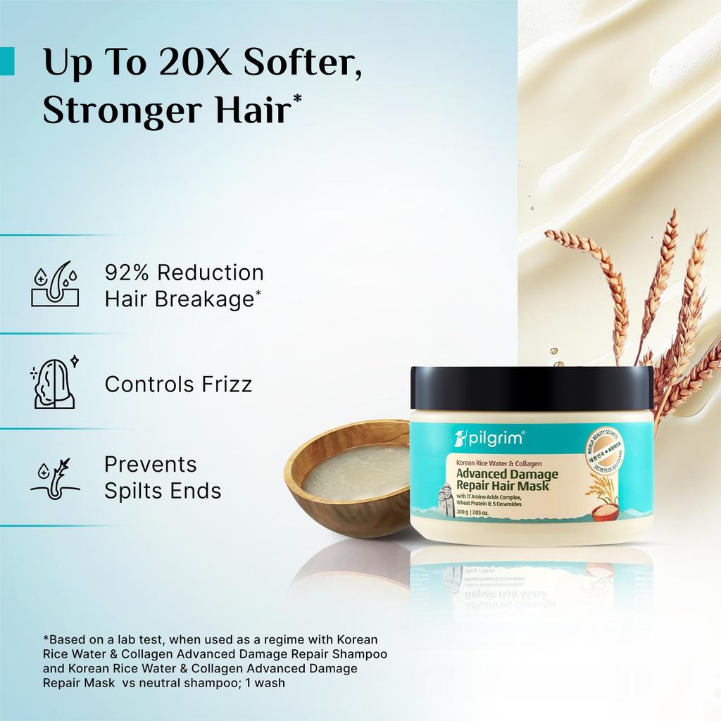 Pilgrim Unscented Hair Repair Mask 200 g Pack of 1 for Dry Frizzy Damaged Hair with Collagen & Rice Water