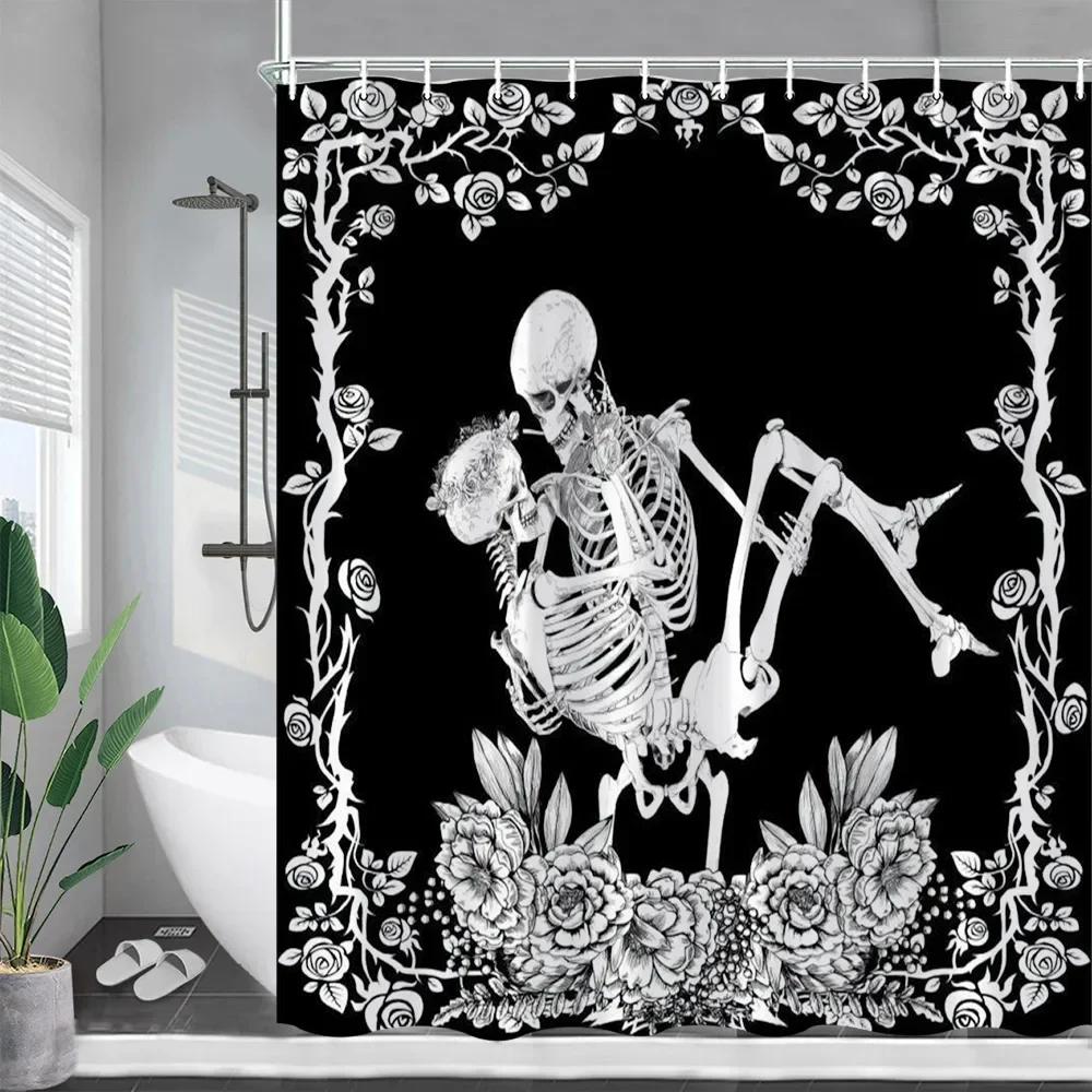 Lustige Skelett-Duschvorhänge Liebes-Totenkopf Schwarz-Weiß Blumen Sternenhimmel Halloween Badevorhang Stoff Badezimmer Dekor Mit Haken