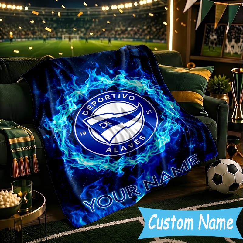 Custom Name Deportivo Alaves Emblem Flannel Blanket, Use for Birthday/Holiday Gift, Soft Blanket for Sofa/Bed/Camping/Office, Home Decor