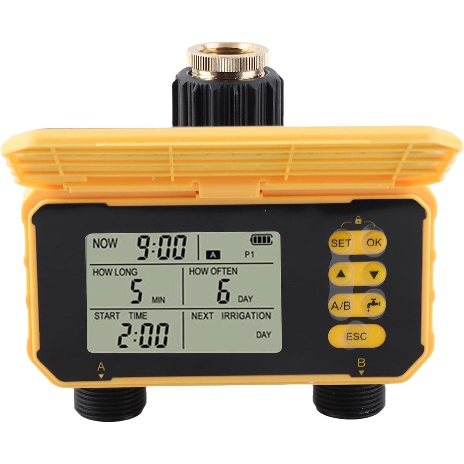 Solar Panel Sprinkler Timer, Double Outlet Smart Water Timer with Rain Sensor, Automatic Watering Valve Irrigation Controller System жёлтый