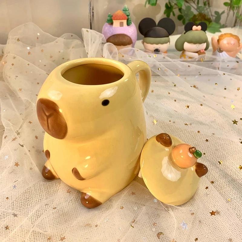 3D Capybara Tasse Keramik Kaffeetasse Cartoon Capybara Paar Tasse mit Henkel und Deckel Lustige Teetasse Tischutensilien für Mädchen Geschenk