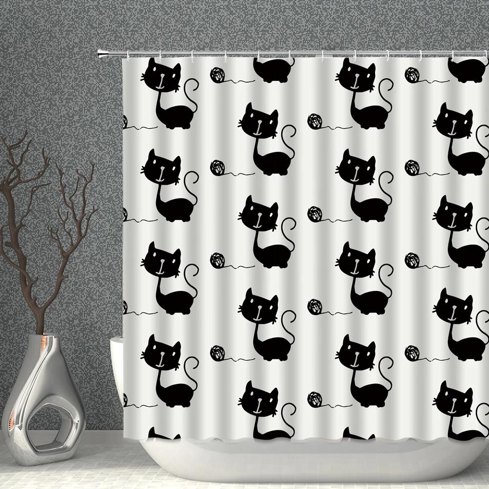 Cartoon Cat White Shower Curtain Waterproof Pattern Print Polyester Bath Curtains Multi-Size With Hooks Bathroom Screen Decor