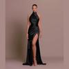 YJ23556 Elegantes Neckholder-Abendkleid mit Schlitz für Damen - Ärmellos, Raffiniertes Langes Partykleid