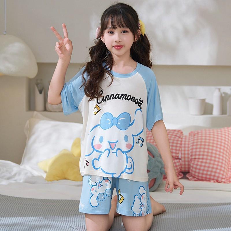 Girls Modal Cotton Pajama Set Short Sleeve Lightweight Sleepwear Cartoon Print Home Outfit Kids
