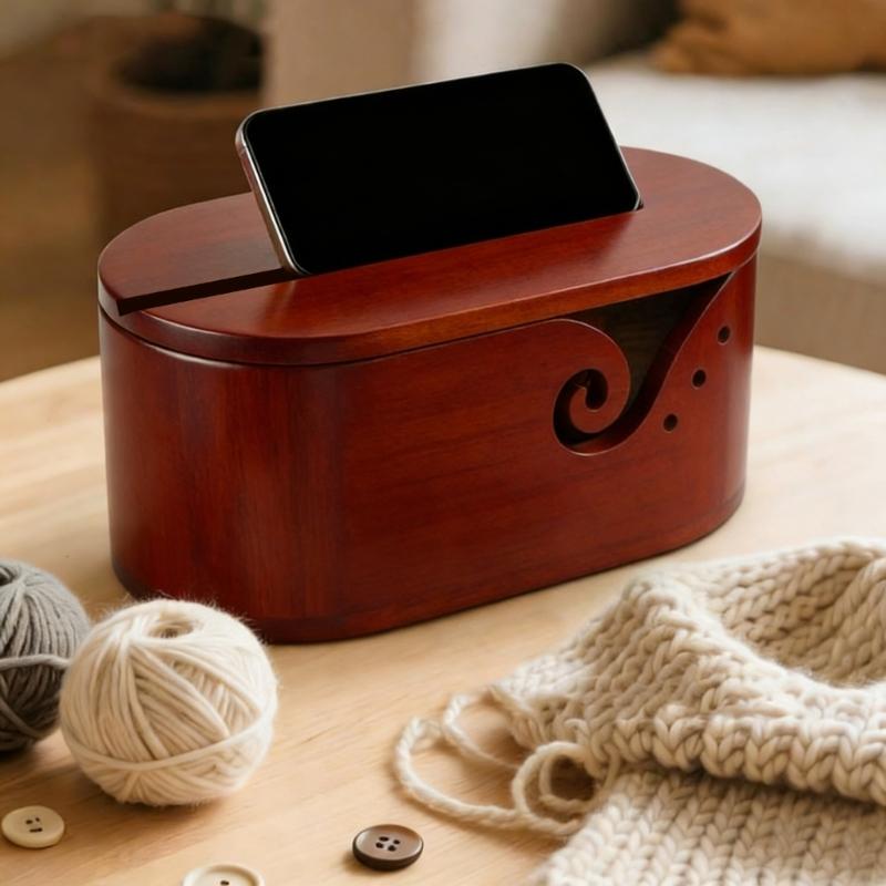 Oval Shape Wooden Knitting Bowl with Holes Multifunctional Yarn Holder with Lid for Crocheting Knitting Tool Storage
