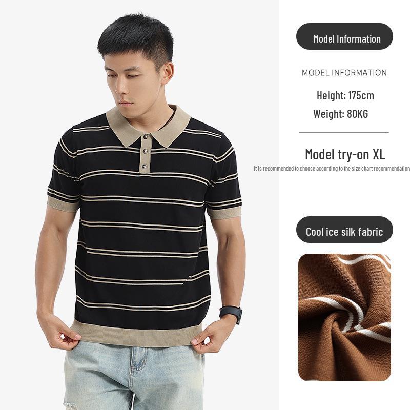 Men s Ice Silk Knit Polo Shirt - Summer Lapel Old Money Style, Short Sleeve Top M чёрный