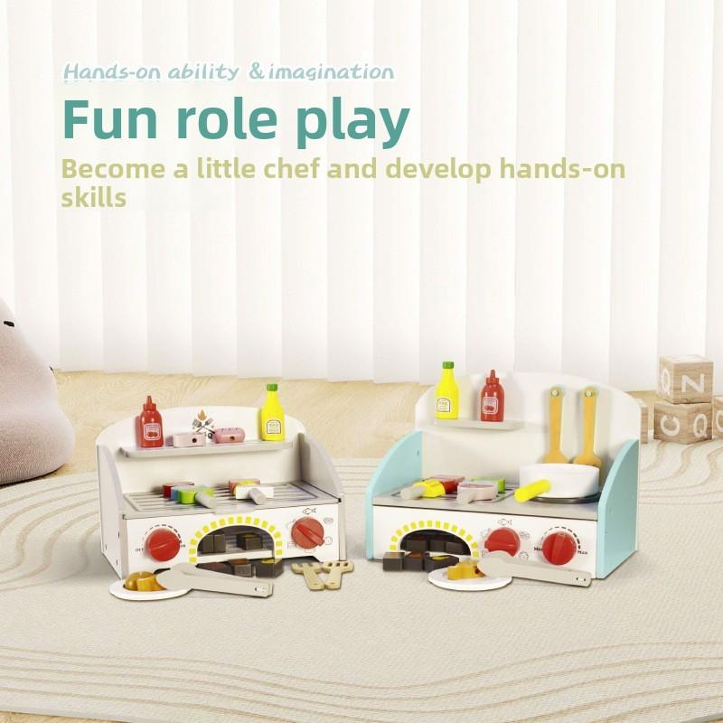 Wooden Simulation Kitchen Stove Kitchenware And Barbecue Grill Model Kid Toy For Parentchild Interaction