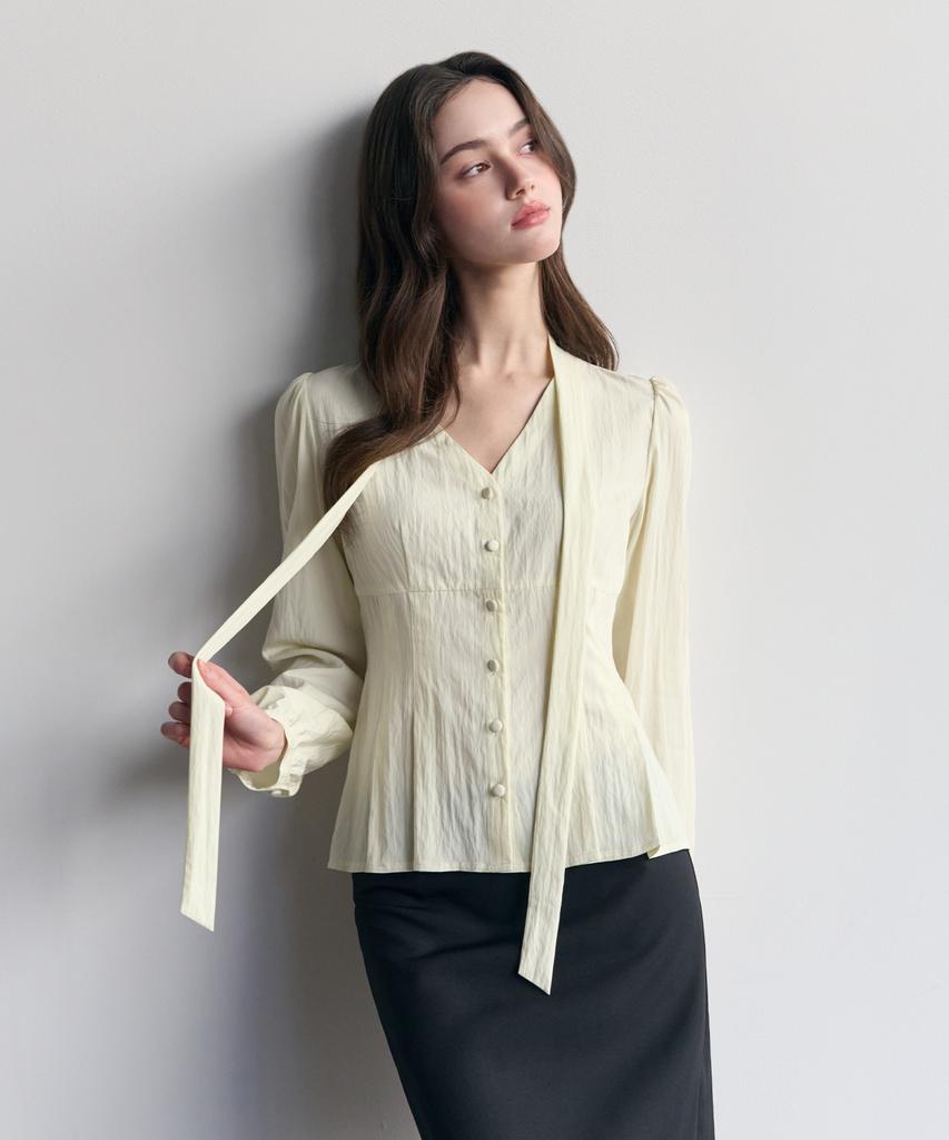 BASIKA V-Neck Pleated Tie Blouse (Butter)