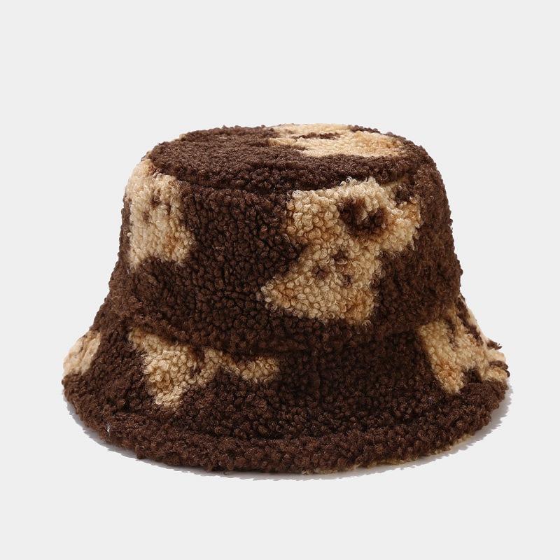 Women s fall/winter cute bear pattern thickened warm bucket hat - simple, stylish, outdoor lambswool fisherman hat M(56-58cm) коричневый