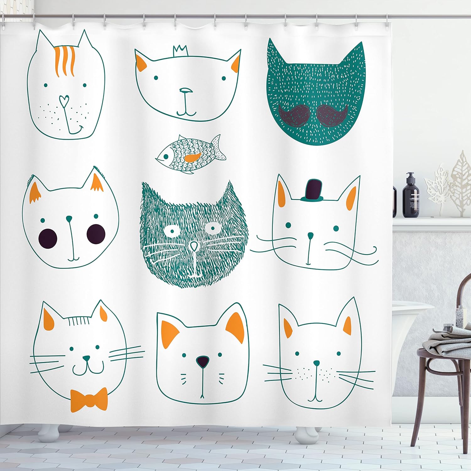 

Cute Cat Faces Shower Curtain Cartoon Animal Design Modern Bathroom Decor Playful Kitten Art Waterproof Bath Linen Home Fashion W60H190(CM)-1 Pcs