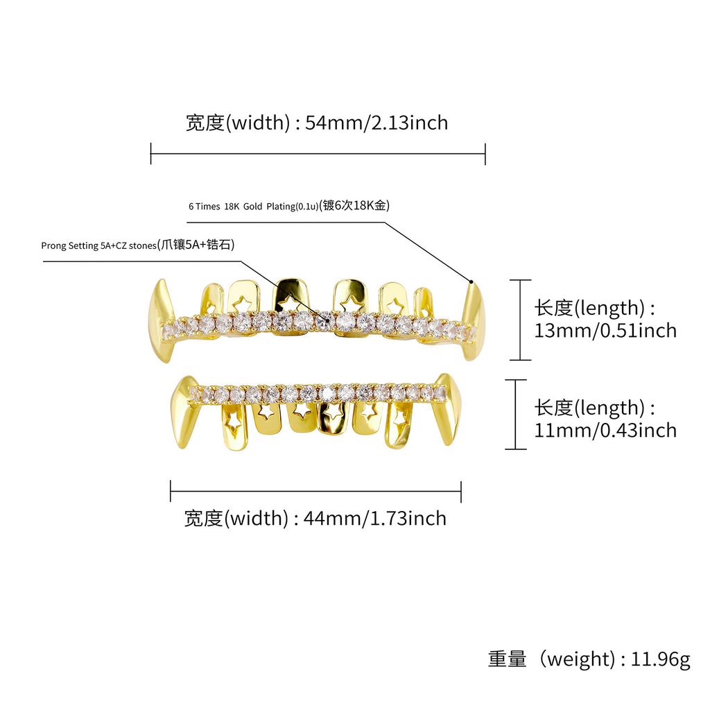 Teeth Grillz Gold & Silver Plated CZ Stones Punk Style Unisex Body Jewelry