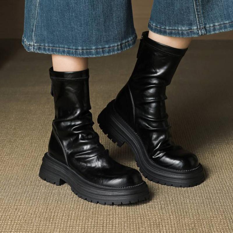 New versatile women's knight boots solid color leather rear zipper rubber platform heel round head autumn and winter mid-tube boots