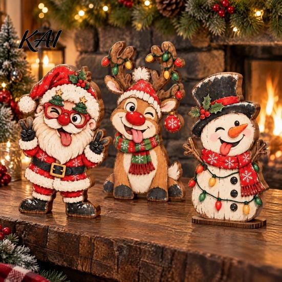 Handcrafted Wooden Holiday Ornaments 3Pcs/Set Christmas Tabletop Ornaments, Festive Winter Table Decoration, Atmosphere Decoration Santa Claus